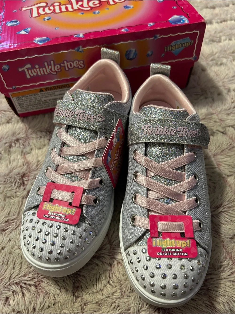 Skechers Twinkle Toes Light  Up Silver Glitter Sneakers  size 2.5